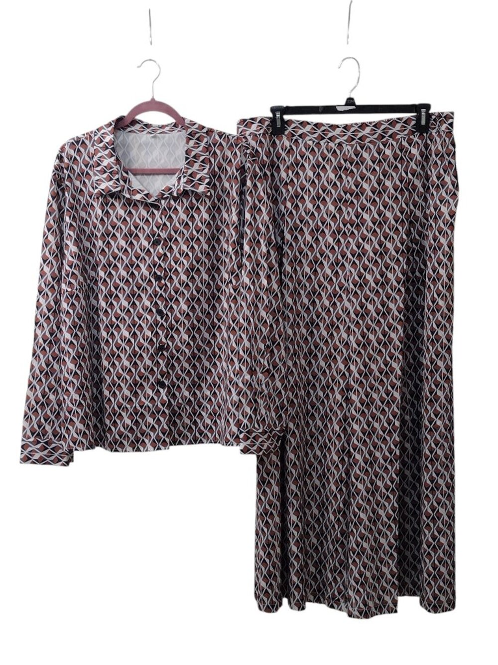 2pc Geometric Print Blouse and Pant Set, 4XL – Brown, Black, White